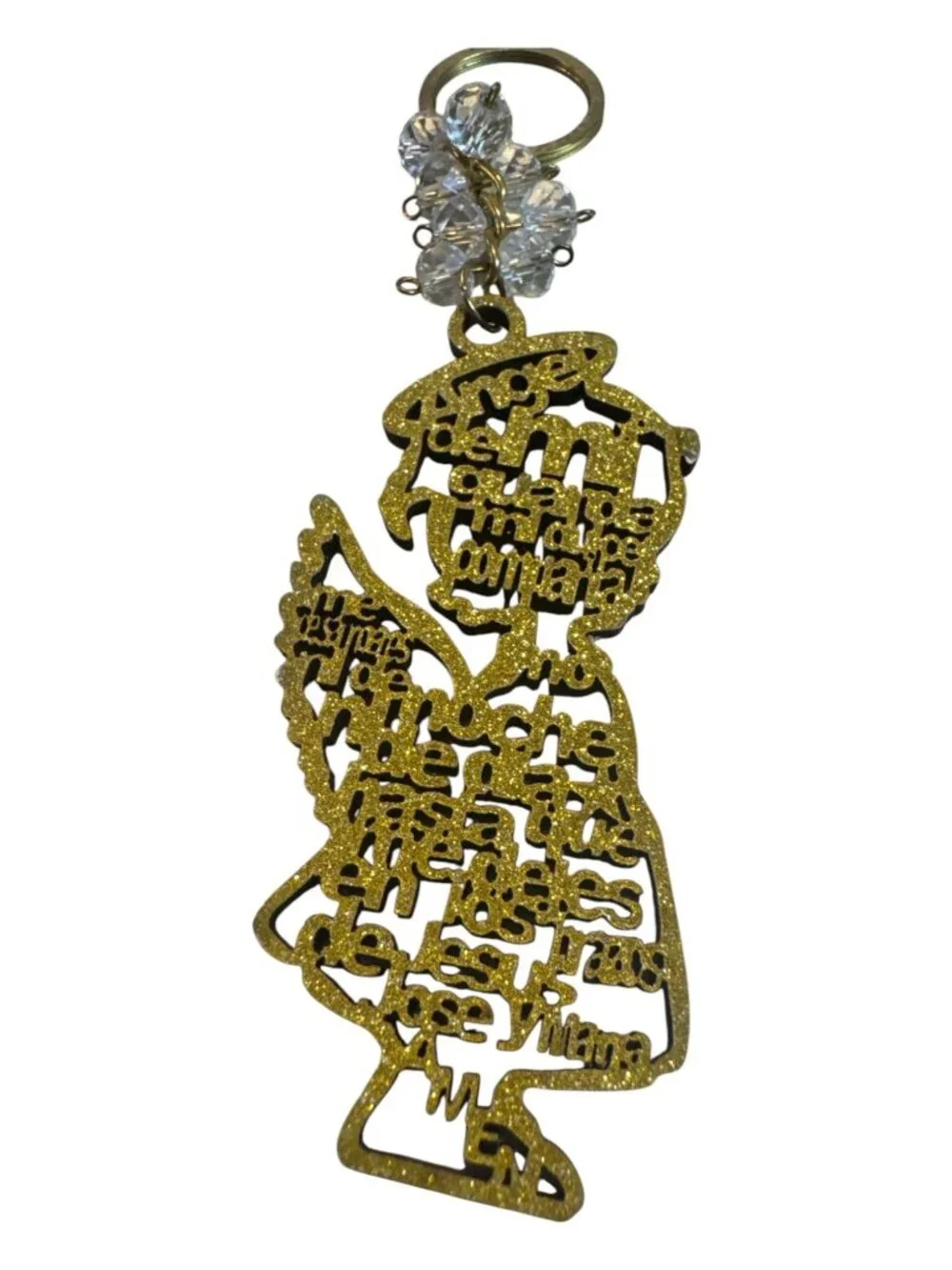 Gold Glitter Angel Keychain With Clear Beads & Intricate Prayer Design